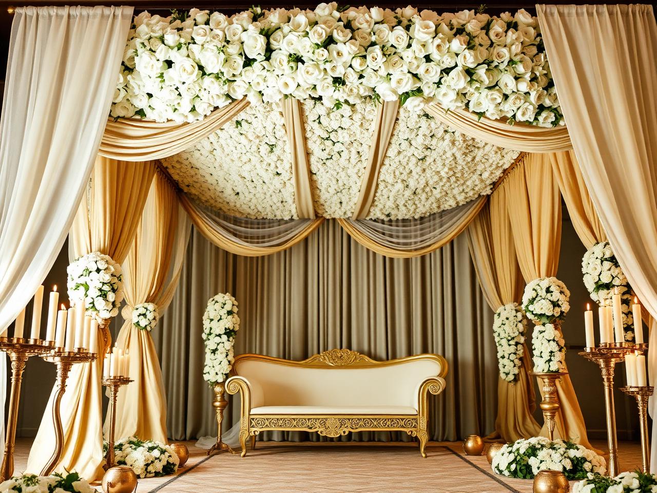 Floral mandap with gold drapery