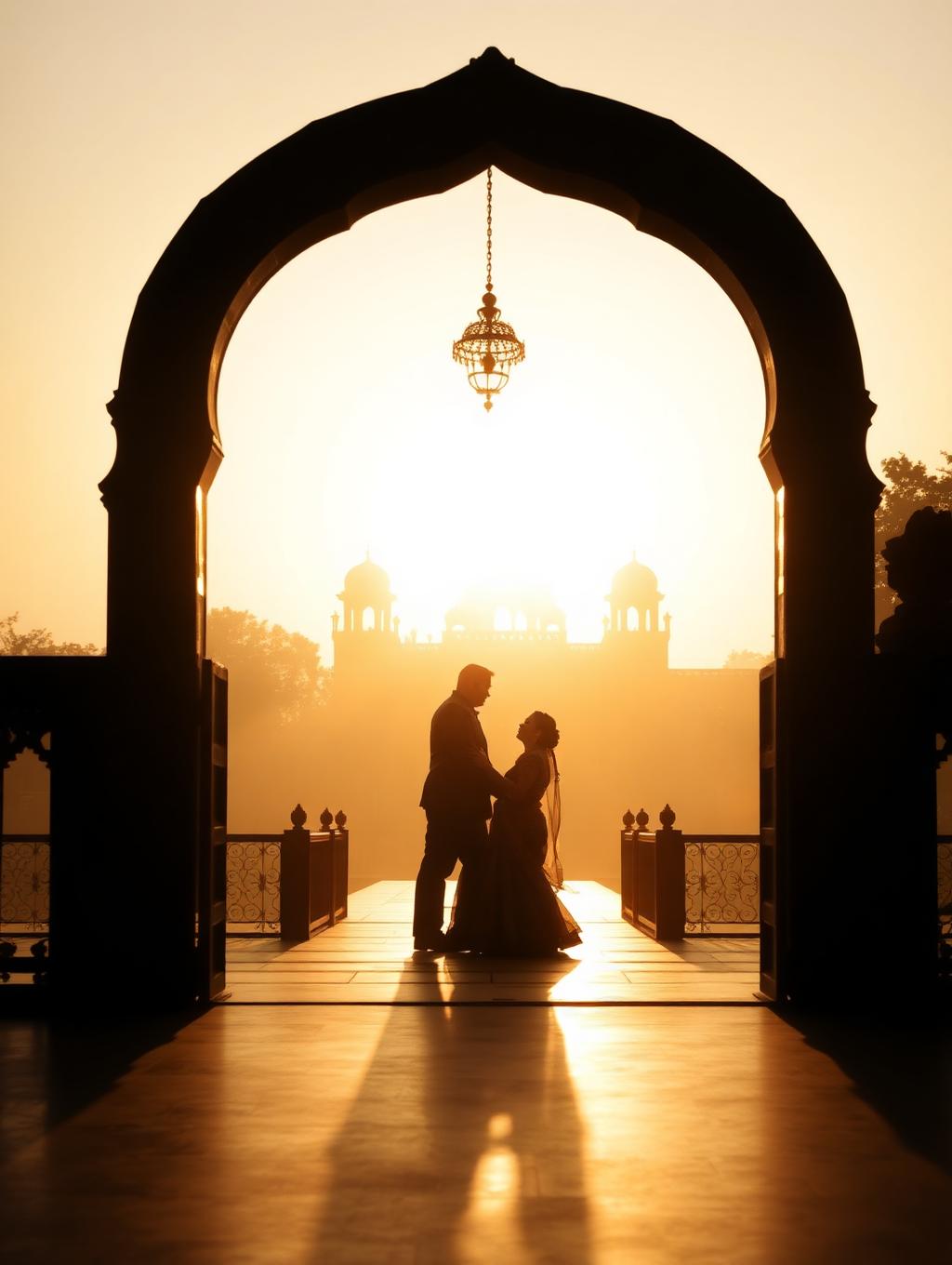 Couple at golden hour in a palace archway