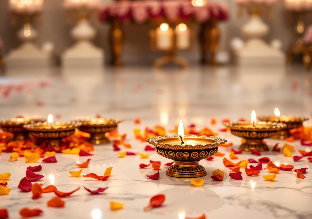 Brass diyas and rose petals on marble